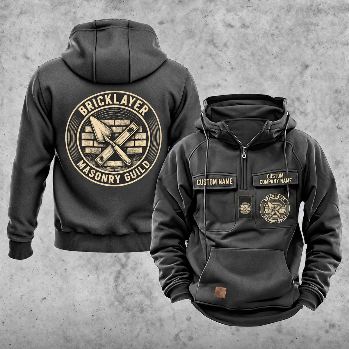Bricklayer Masonry Guild Vintage Hoodie Dark Gray front and back