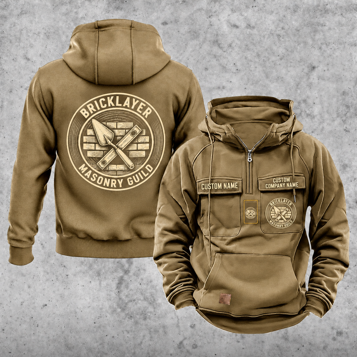 Bricklayer Masonry Guild Vintage Hoodie Khaki front and back