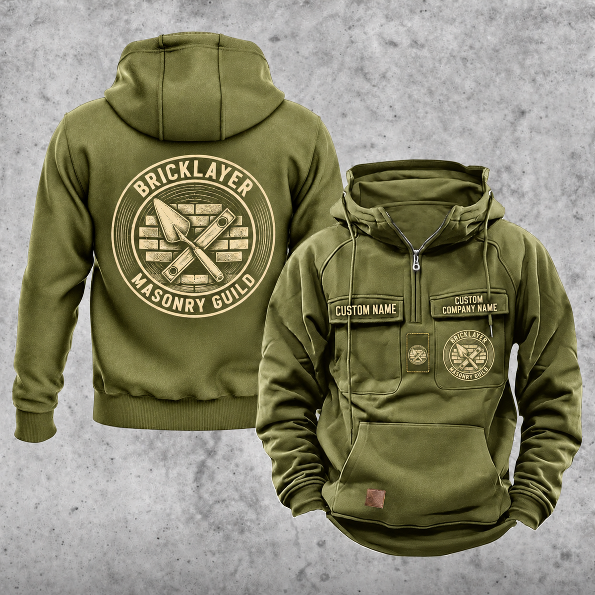 Bricklayer Masonry Guild Vintage Hoodie Olive Green front and back