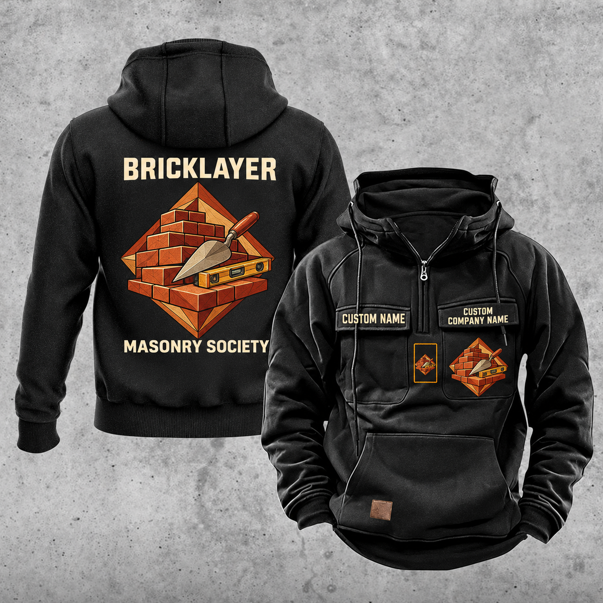 Bricklayer Masonry Society Vintage Hoodie Black front and back