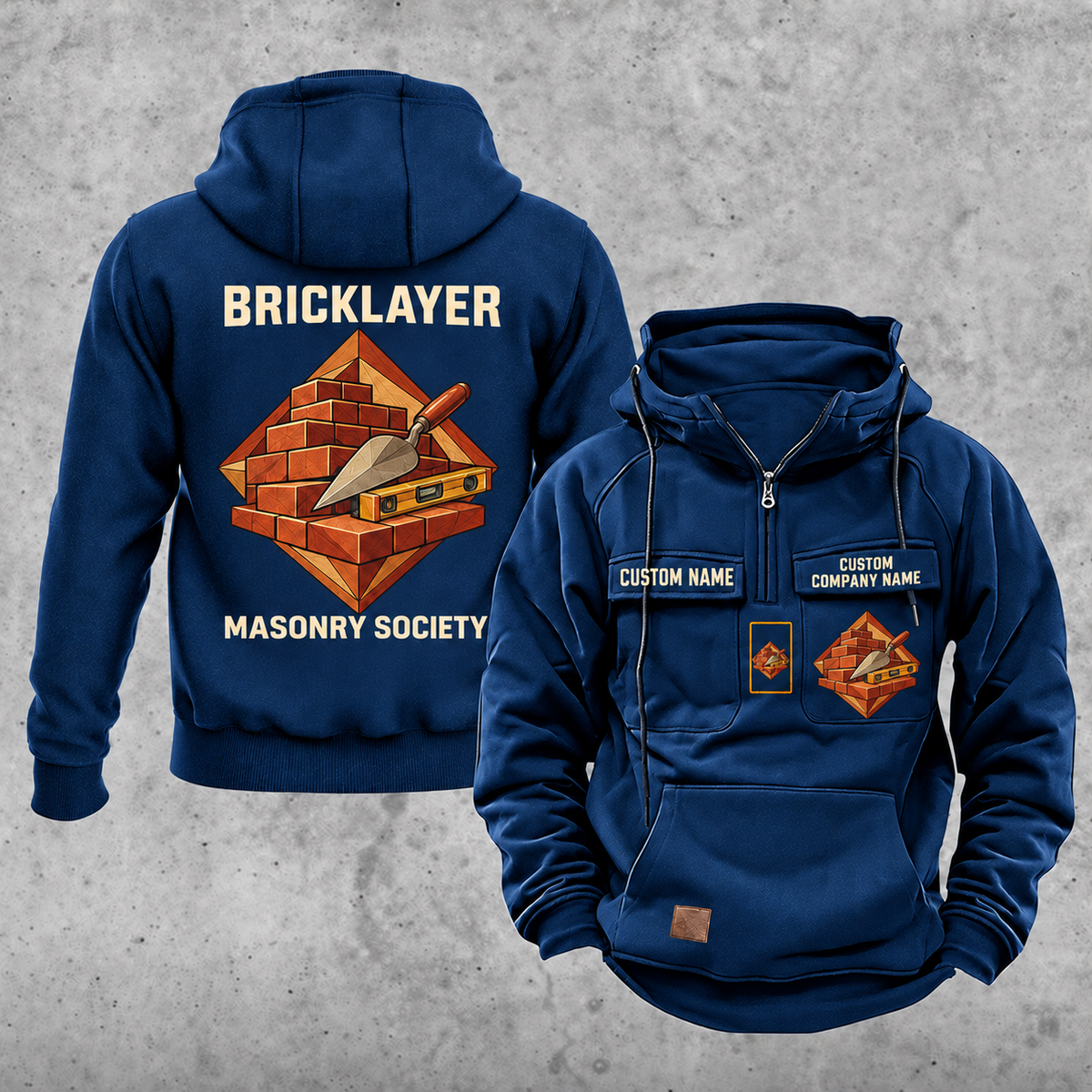 Bricklayer Masonry Society Vintage Hoodie Dark Blue front and back