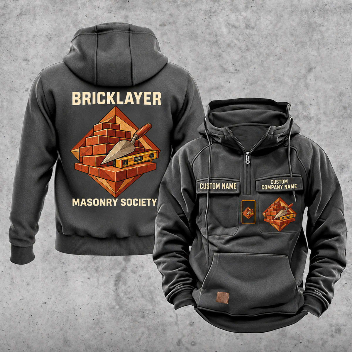 Bricklayer Masonry Society Vintage Hoodie Dark Gray front and back