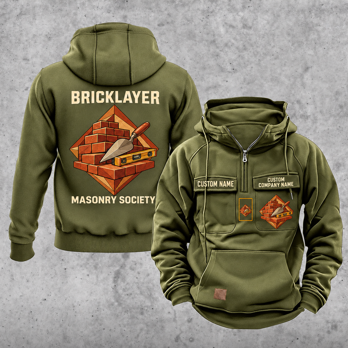 Bricklayer Masonry Society Vintage Hoodie Olive Green front and back