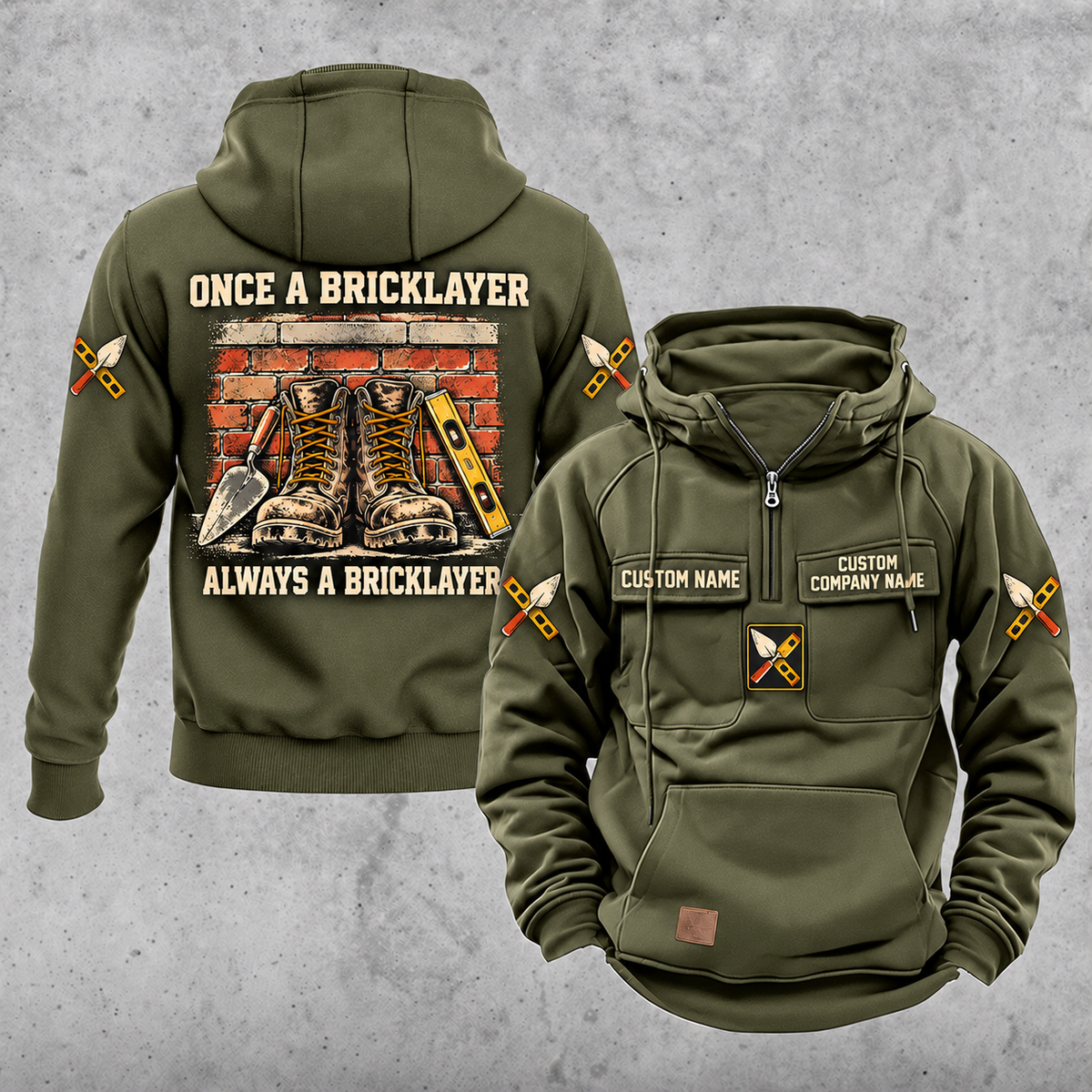 Bricklayer Once and Always Vintage Hoodie Military Green front and back