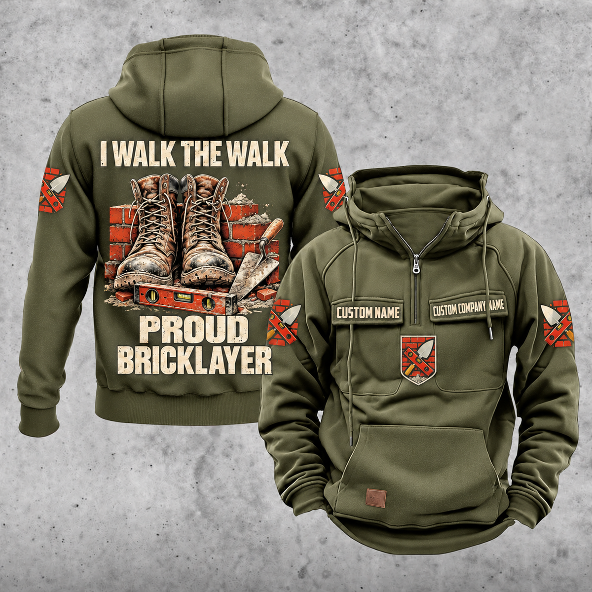 Bricklayer Proud Walk Vintage Hoodie Military Green front and back