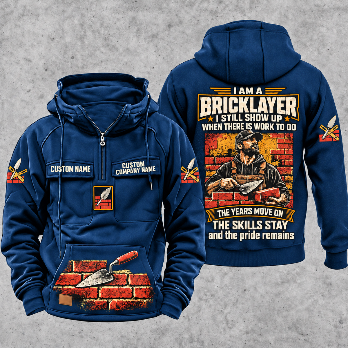 Bricklayer Skills and Pride Vintage Hoodie Dark Blue front and back