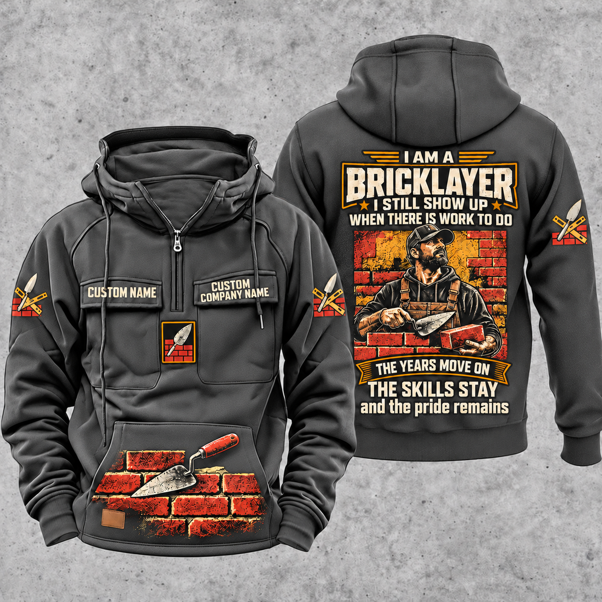 Bricklayer Skills and Pride Vintage Hoodie Dark Gray front and back