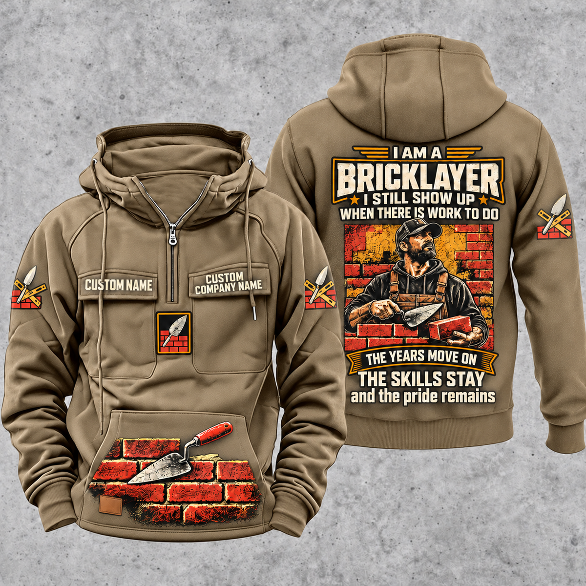 Bricklayer Skills and Pride Vintage Hoodie Kaki front and back