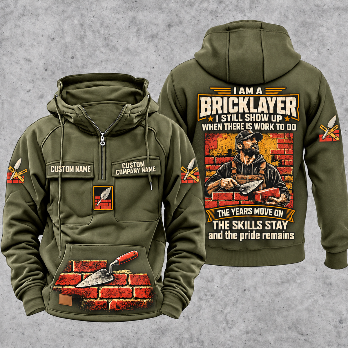 Bricklayer Skills and Pride Vintage Hoodie Military Green front and back