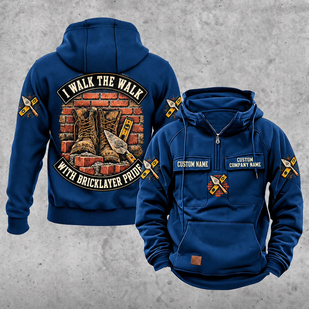 Bricklayer Walk the Walk Badge Vintage Hoodie Dark Blue front and back