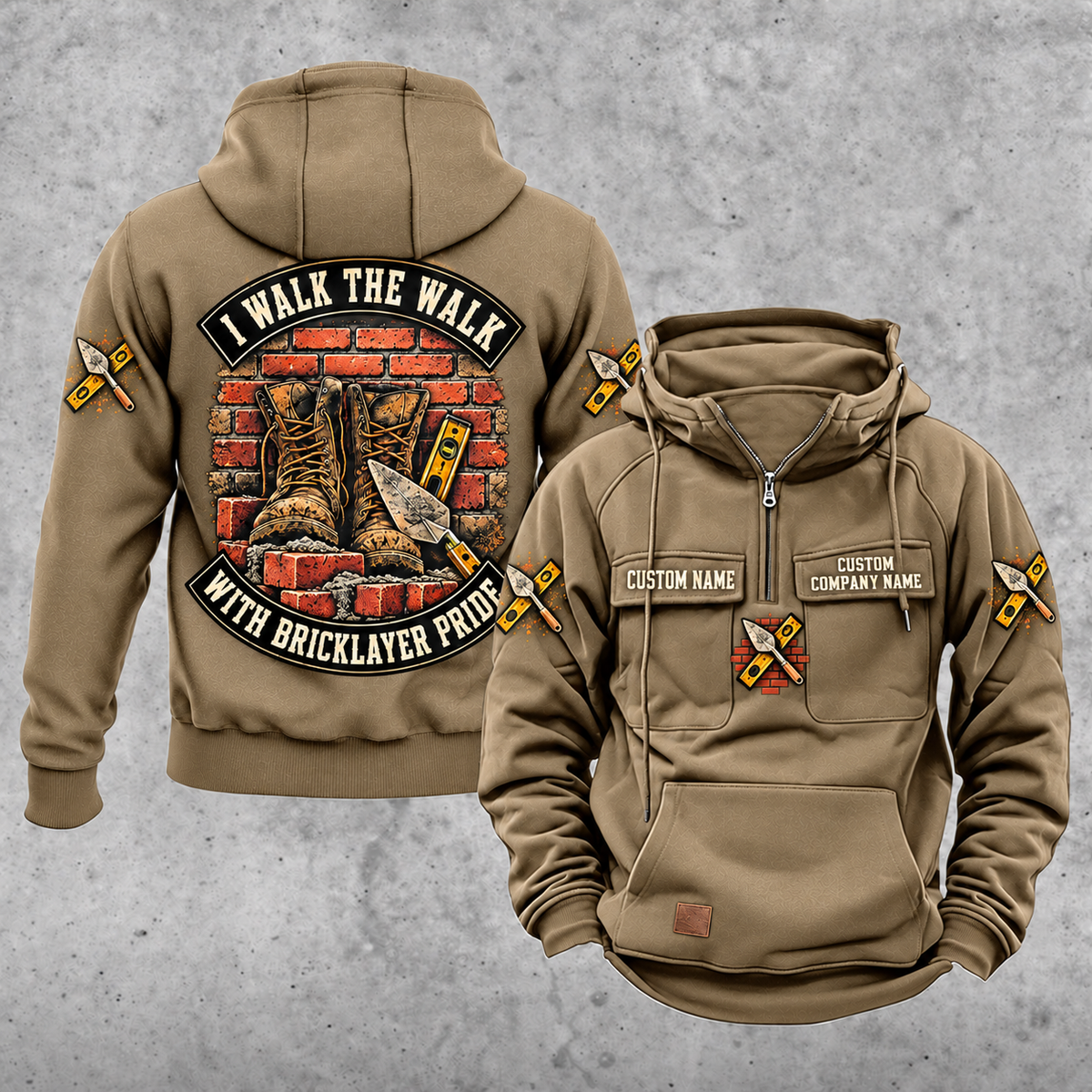 Bricklayer Walk the Walk Badge Vintage Hoodie Kaki front and back