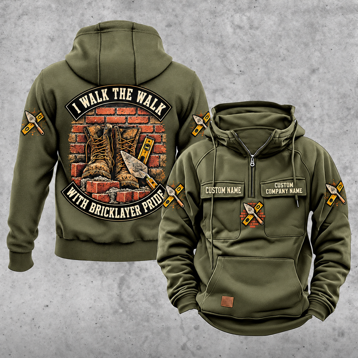 Bricklayer Walk the Walk Badge Vintage Hoodie Military Green front and back