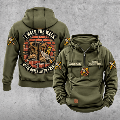 Bricklayer Walk the Walk Badge Vintage Hoodie Military Green front and back