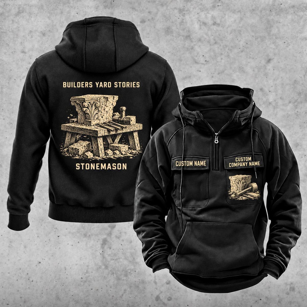 Stonemason Builders Yard Stories Vintage Hoodie Black front and back