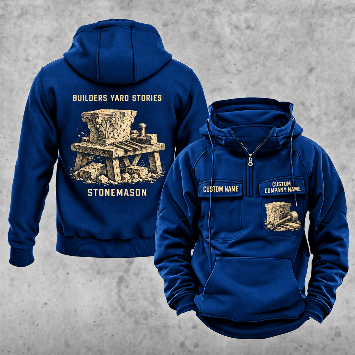 Stonemason Builders Yard Stories Vintage Hoodie Dark Blue front and back