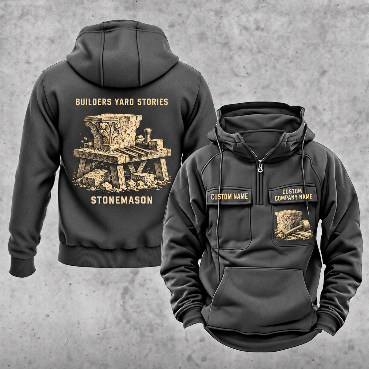 Stonemason Builders Yard Stories Vintage Hoodie Dark Gray front and back