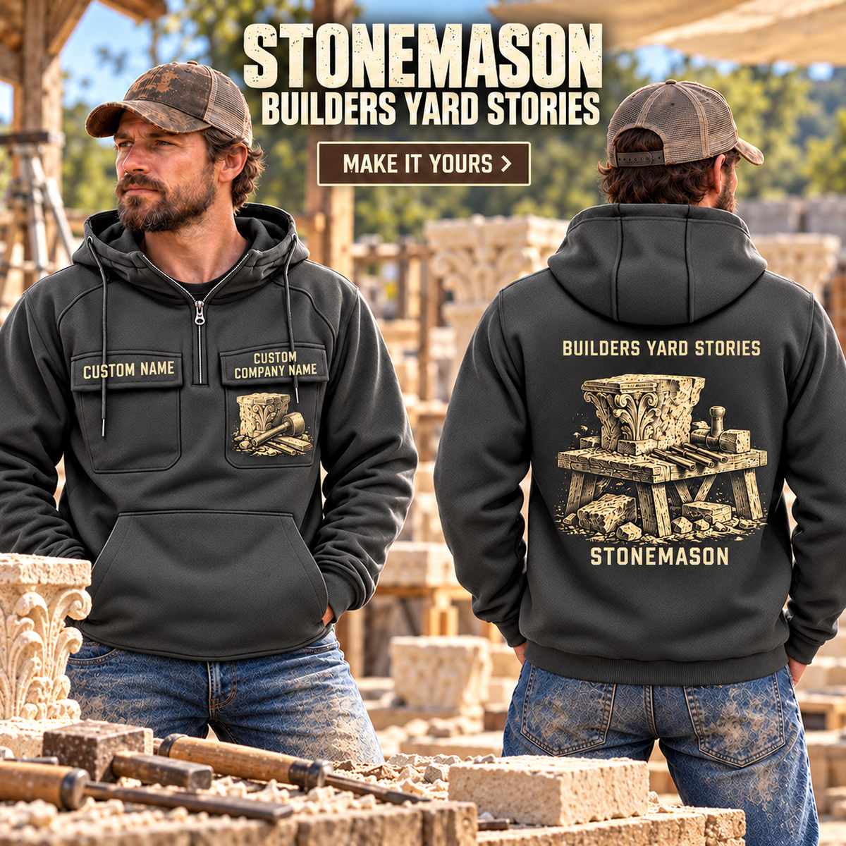Stonemason Builders Yard Stories Vintage Hoodie Dark Gray listing hero