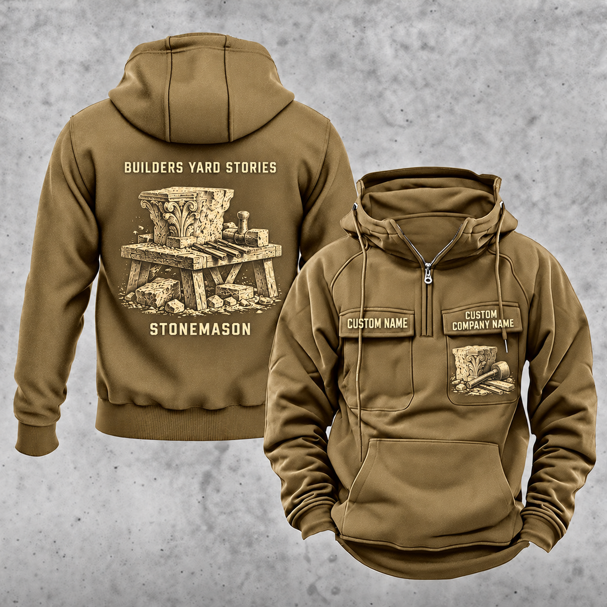 Stonemason Builders Yard Stories Vintage Hoodie Khaki front and back