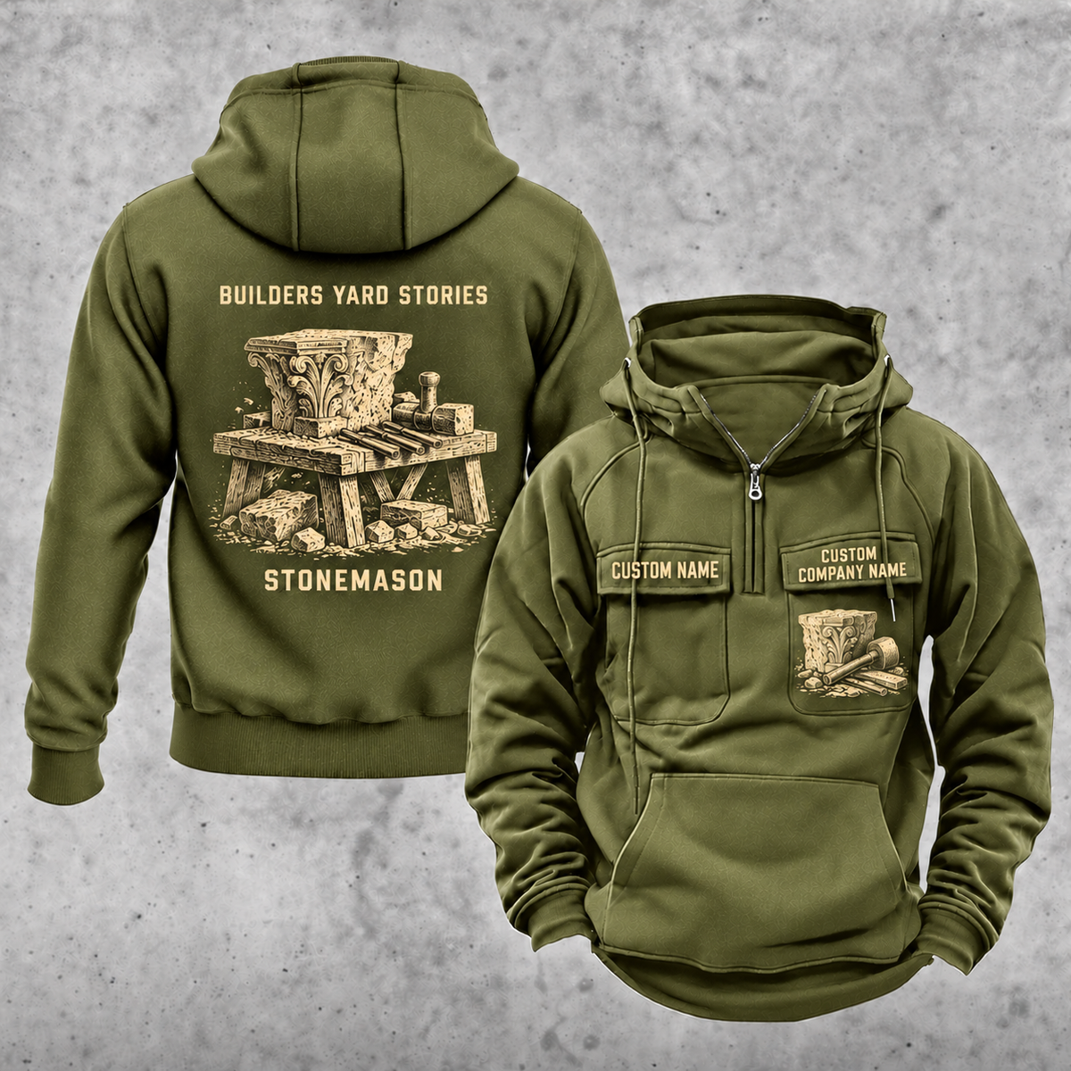 Stonemason Builders Yard Stories Vintage Hoodie Olive Green front and back