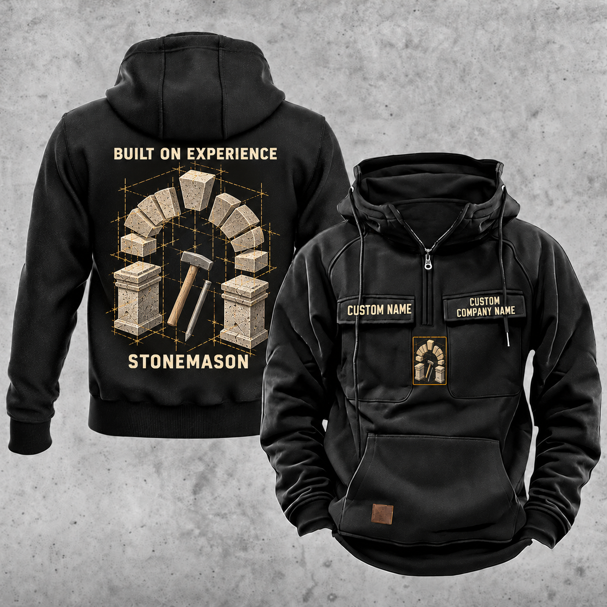 Stonemason Built on Experience Vintage Hoodie Black front and back