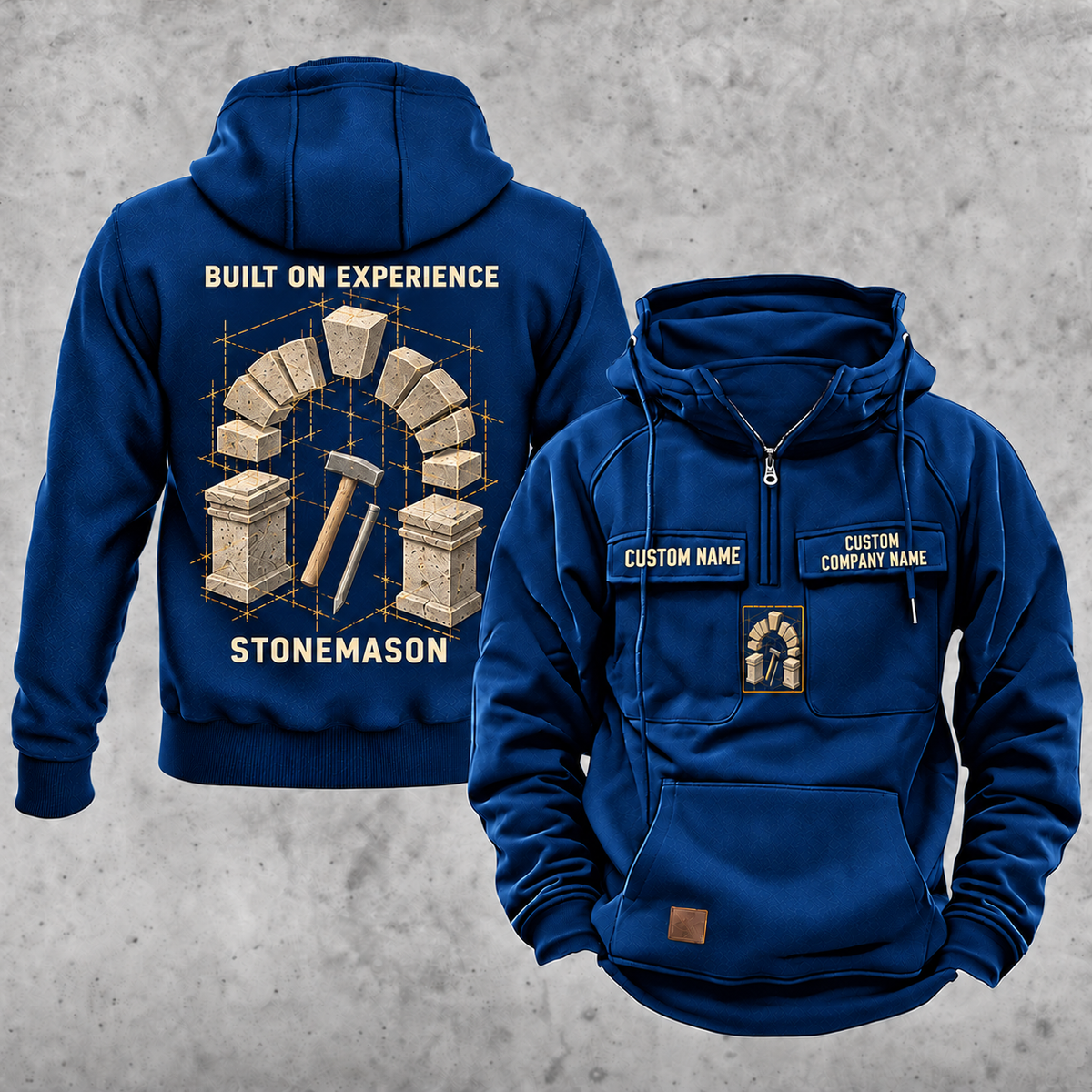 Stonemason Built on Experience Vintage Hoodie Dark Blue front and back