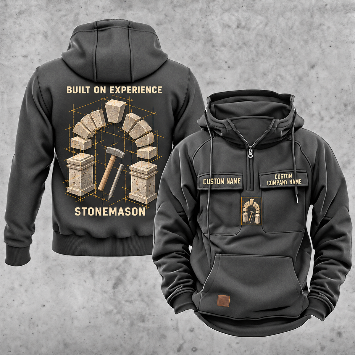 Stonemason Built on Experience Vintage Hoodie Dark Gray front and back