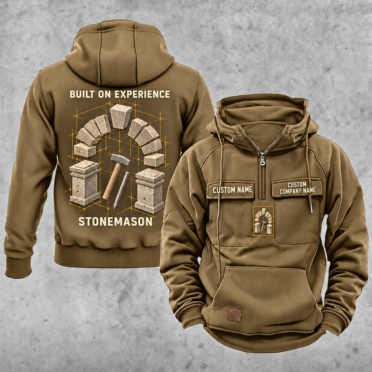 Stonemason Built on Experience Vintage Hoodie Khaki front and back