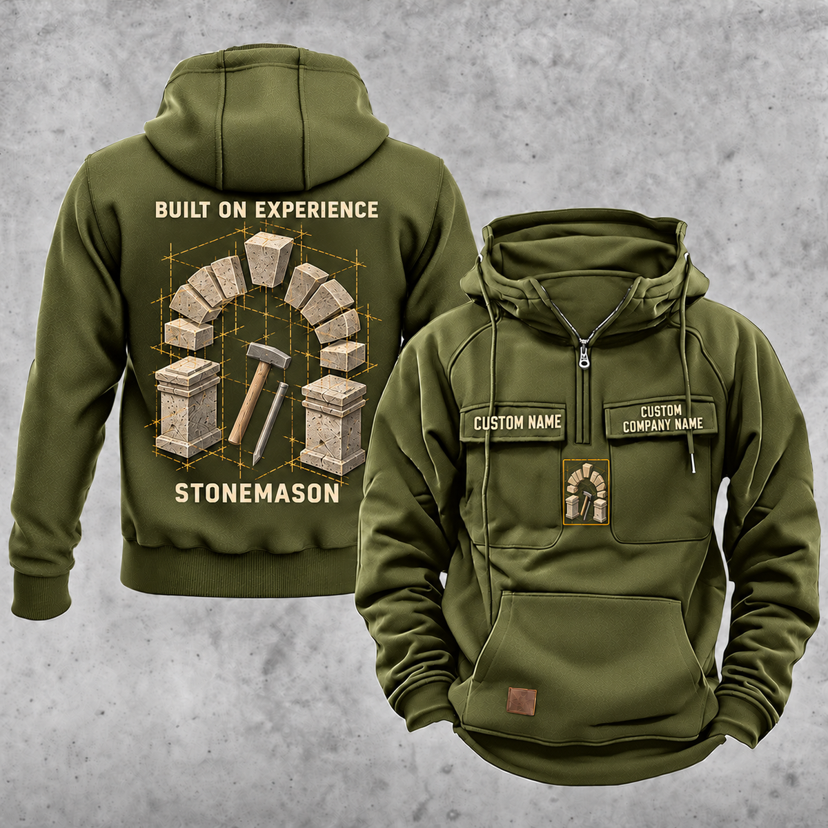 Stonemason Built on Experience Vintage Hoodie Olive Green front and back