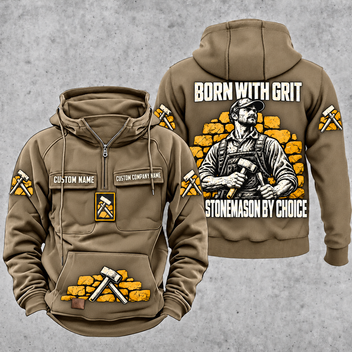 Stonemason By Choice Vintage Hoodie Kaki front and back