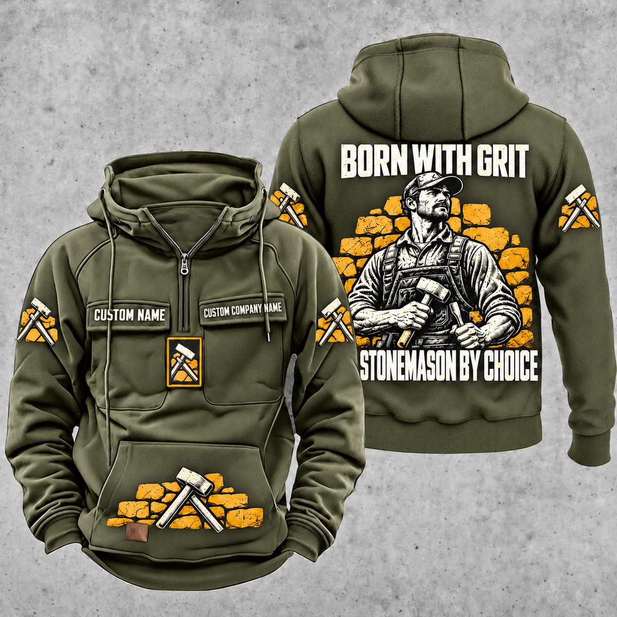 Stonemason By Choice Vintage Hoodie Military Green front and back