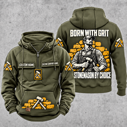 Stonemason By Choice Vintage Hoodie Military Green front and back