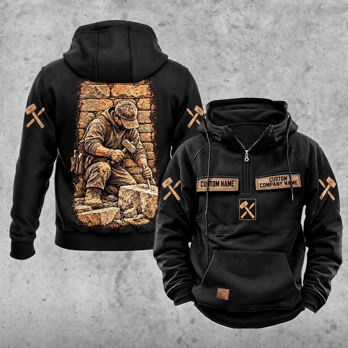 Stonemason Daily Commitment Portrait Vintage Hoodie Black front and back