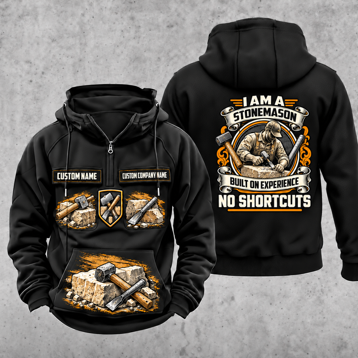 Stonemason Heritage Crest Vintage Hoodie Black front and back
