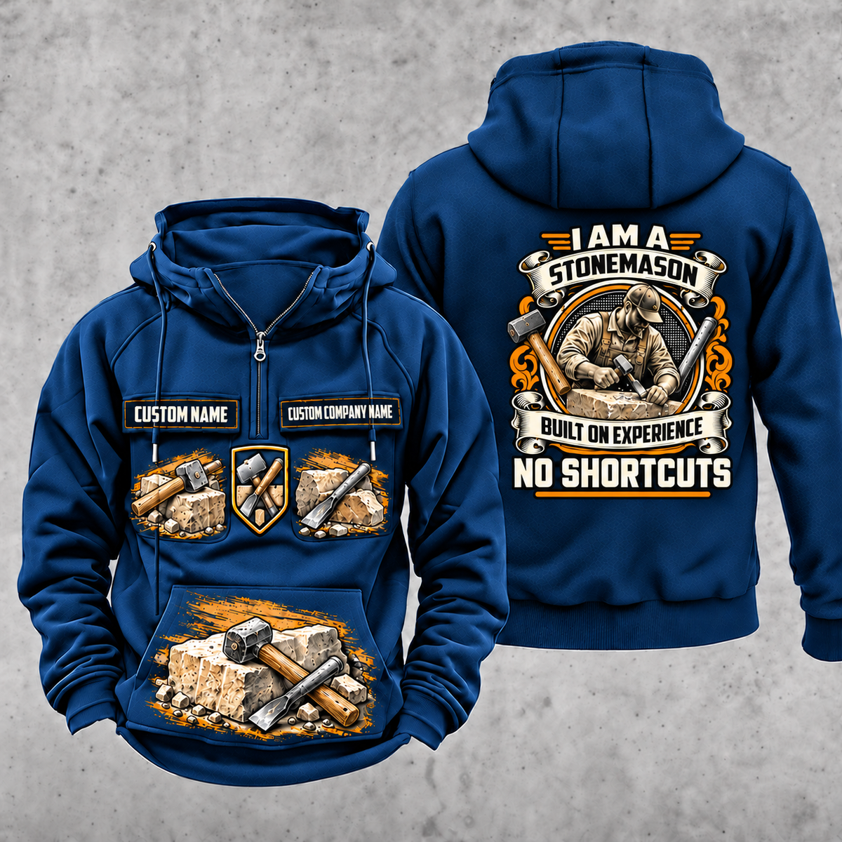 Stonemason Heritage Crest Vintage Hoodie Dark Blue front and back