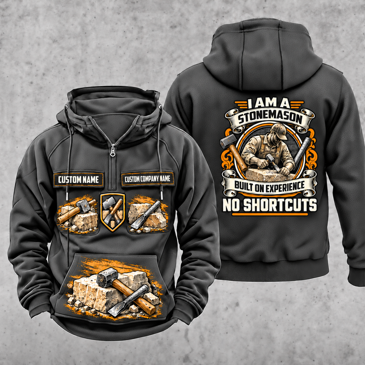 Stonemason Heritage Crest Vintage Hoodie Dark Gray front and back
