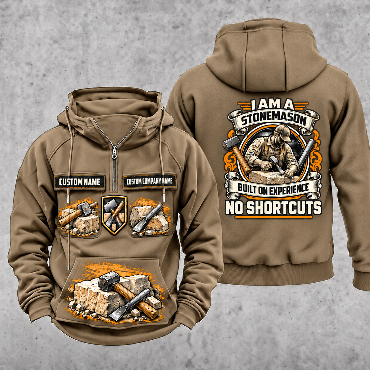 Stonemason Heritage Crest Vintage Hoodie Kaki front and back
