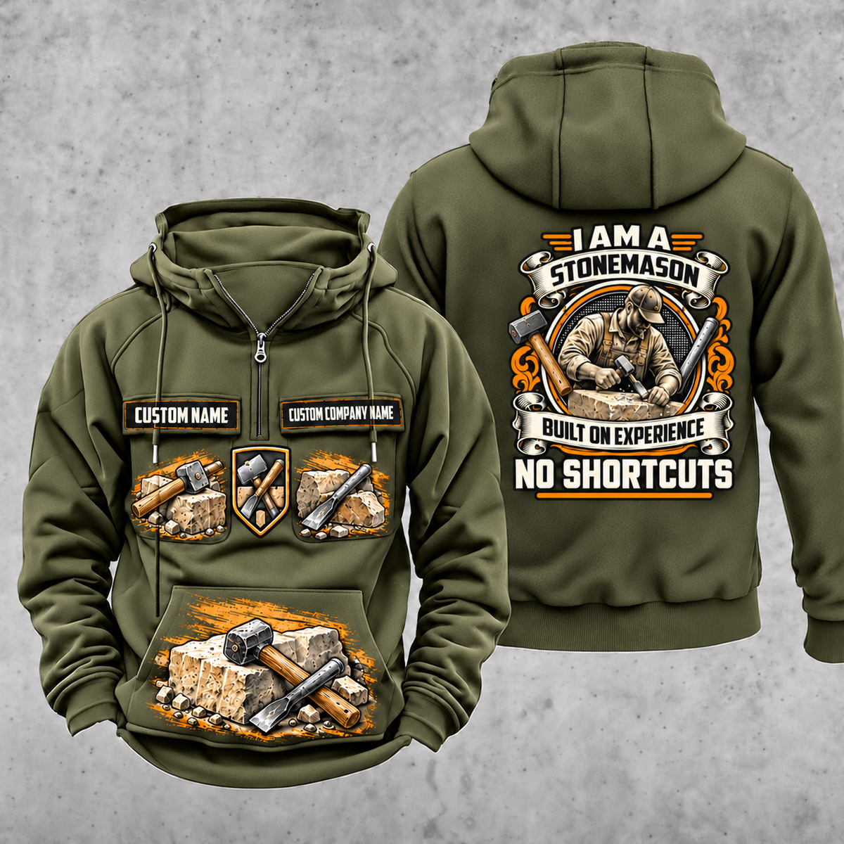 Stonemason Heritage Crest Vintage Hoodie Military Green front and back