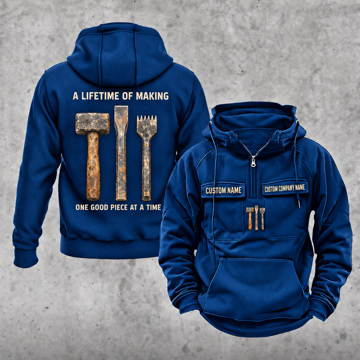 Stonemason Lifetime of Making Vintage Hoodie Dark Blue front and back