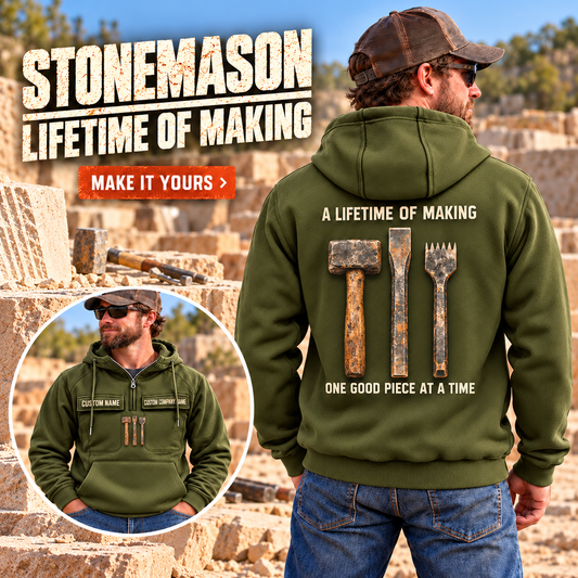 Stonemason Lifetime of Making Vintage Hoodie Olive Green listing hero