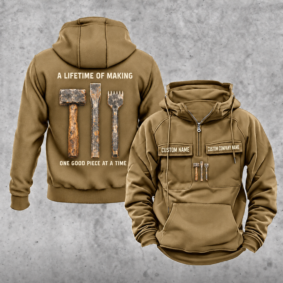 Stonemason Lifetime of Making Vintage Hoodie Khaki front and back