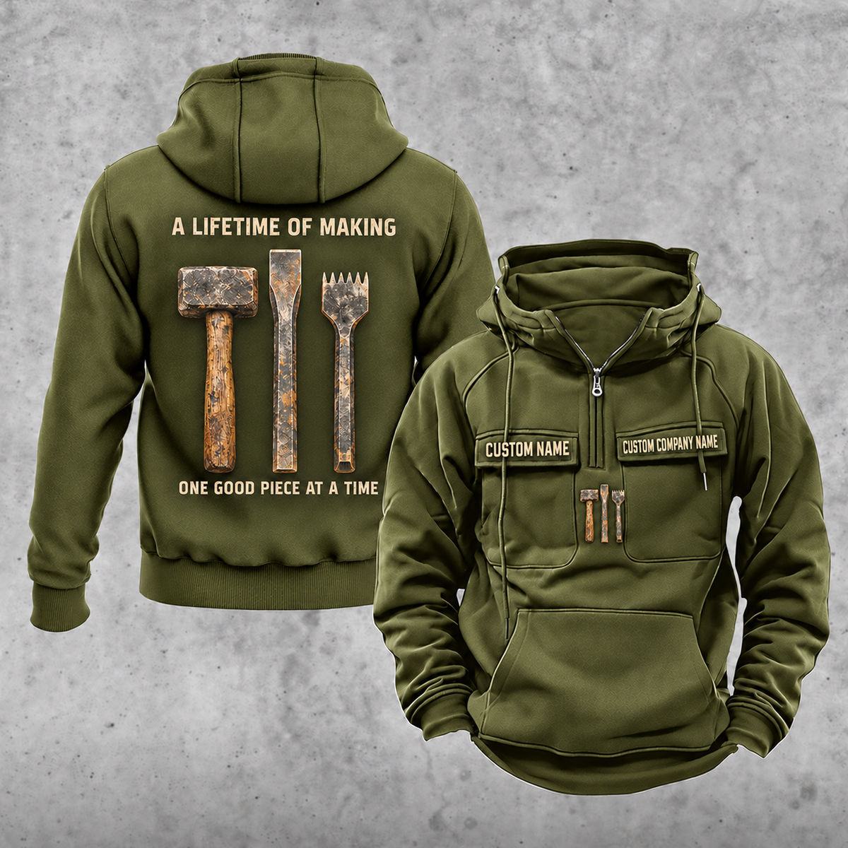 Stonemason Lifetime of Making Vintage Hoodie Olive Green front and back
