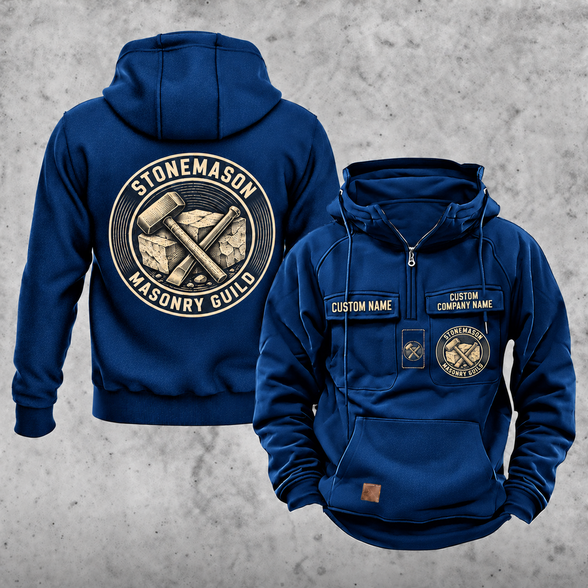 Stonemason Masonry Guild Vintage Hoodie Dark Blue front and back