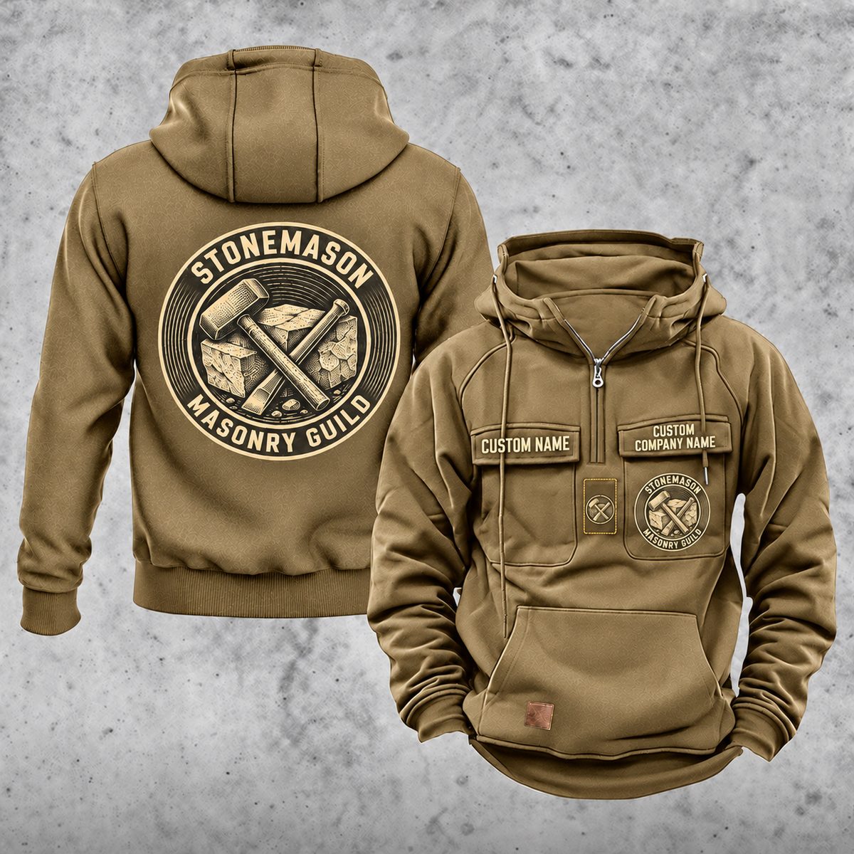 Stonemason Masonry Guild Vintage Hoodie Khaki front and back