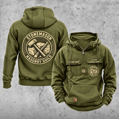 Stonemason Masonry Guild Vintage Hoodie Olive Green front and back