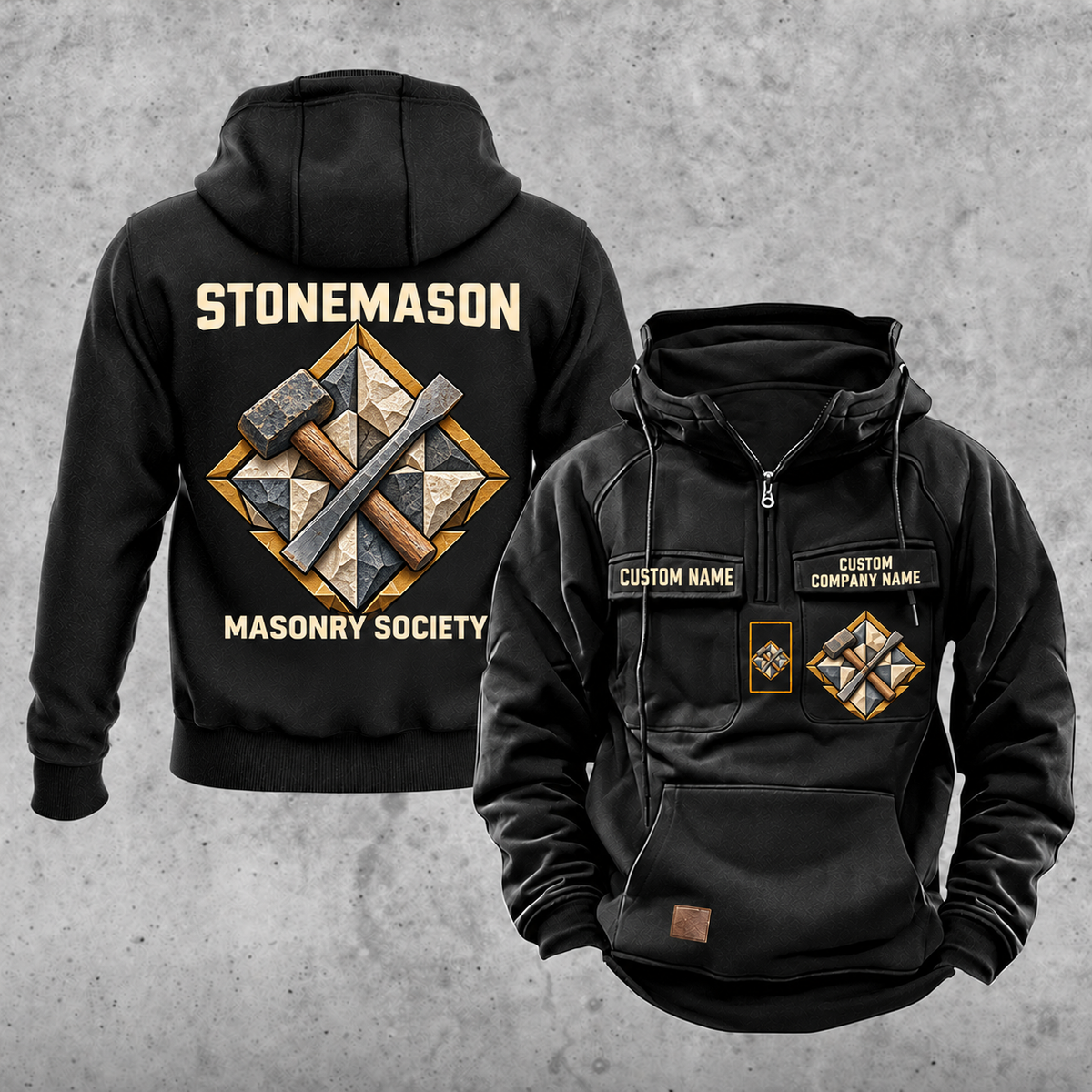 Stonemason Masonry Society Vintage Hoodie Black front and back