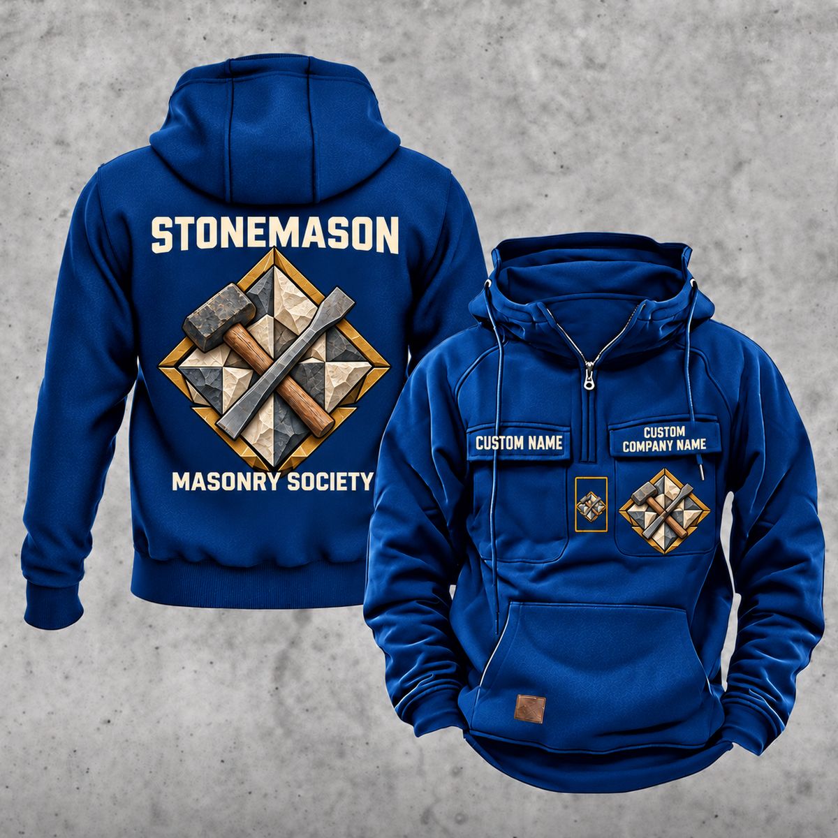 Stonemason Masonry Society Vintage Hoodie Dark Blue front and back