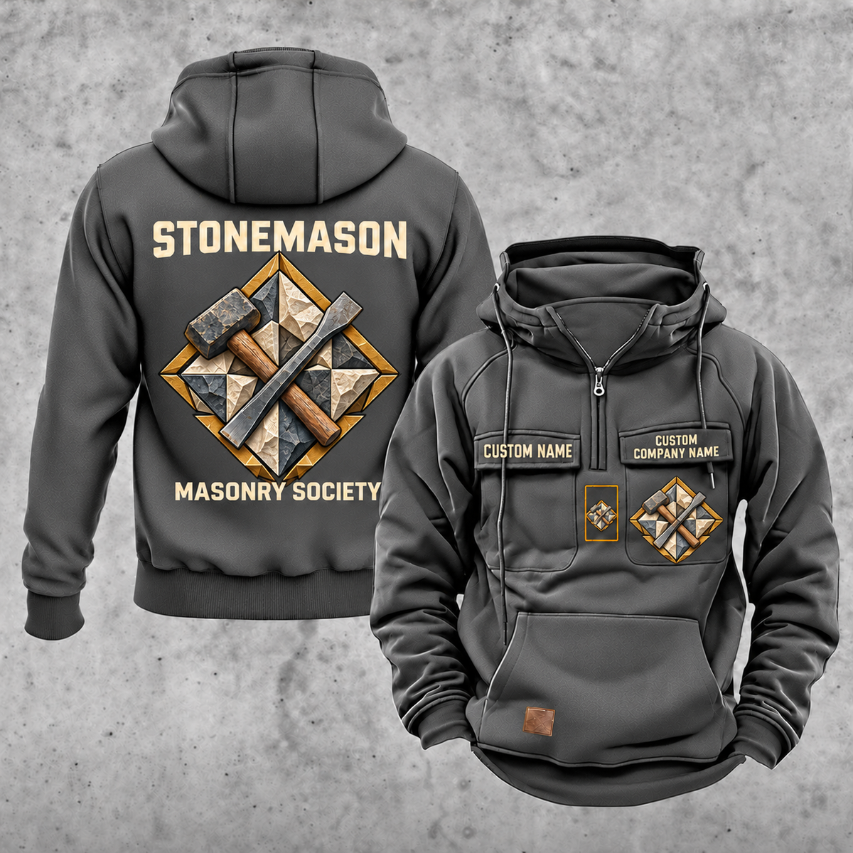 Stonemason Masonry Society Vintage Hoodie Dark Gray front and back