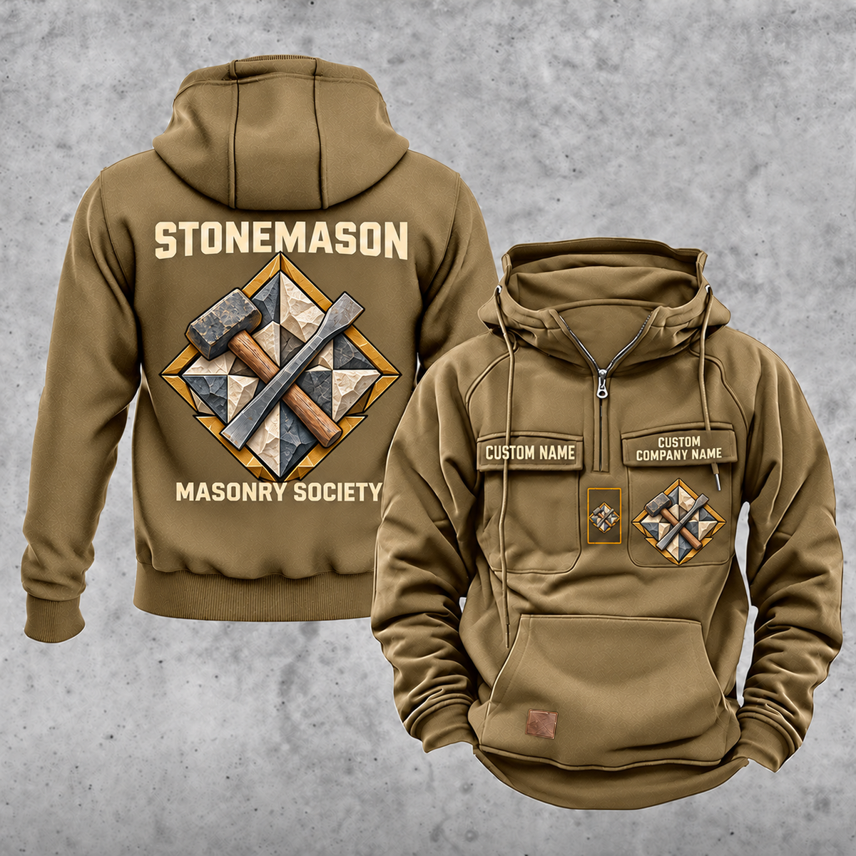Stonemason Masonry Society Vintage Hoodie Khaki front and back