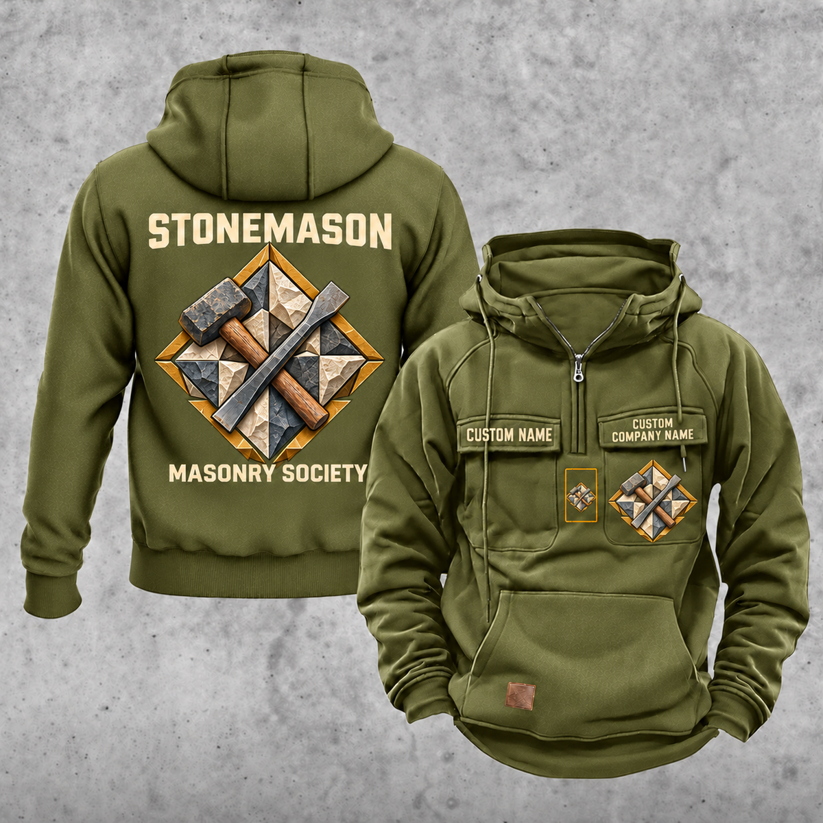 Stonemason Masonry Society Vintage Hoodie Olive Green front and back