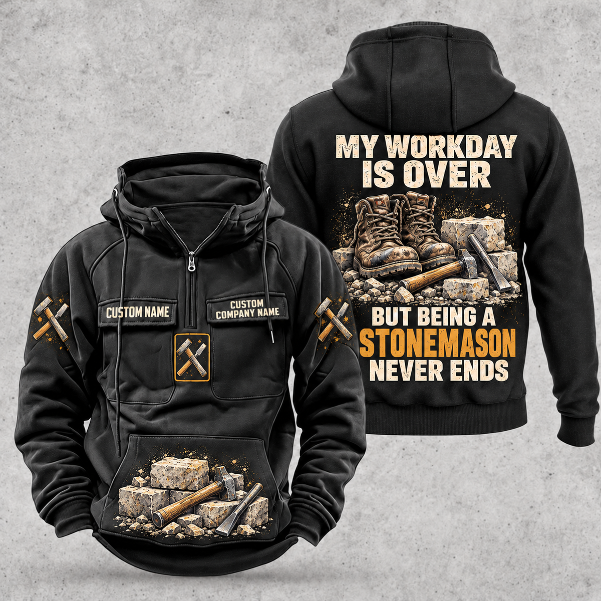 Stonemason Never Ends Vintage Hoodie Black front and back